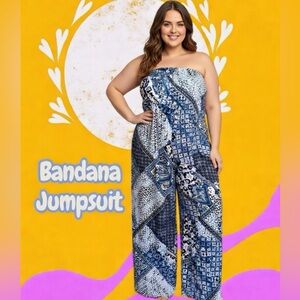 Strapless Bandana Print Wide Leg Jumpsuit Boho Blue White Size Large